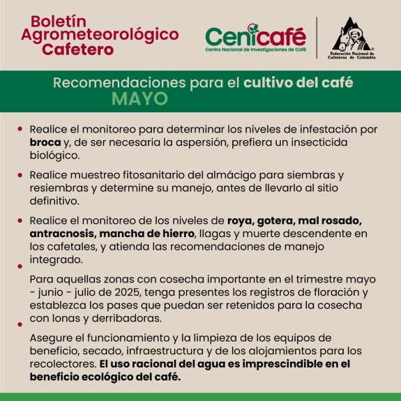 El Boletín Agrometeorológico de Cenicafé entrega recomendaciones para el cultivo del café de acuerdo con el estado climatológico del país